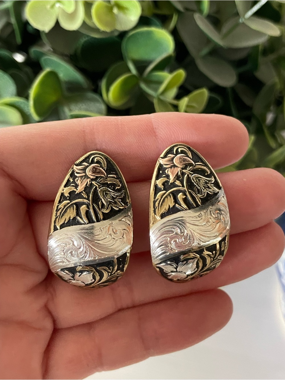 Montana Silver smith Multi-Toned Long Rounded Floral Stud Earrings Western